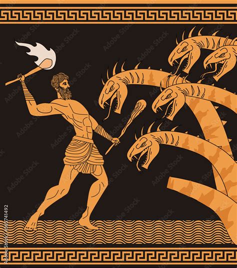 black and orange ceramic with hercules fighting the hydra Stock Vector | Adobe Stock