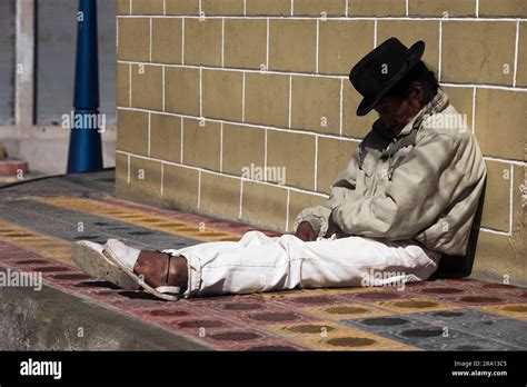 Homeless Man Sleeping On The Street Otavalo Imbabura Province