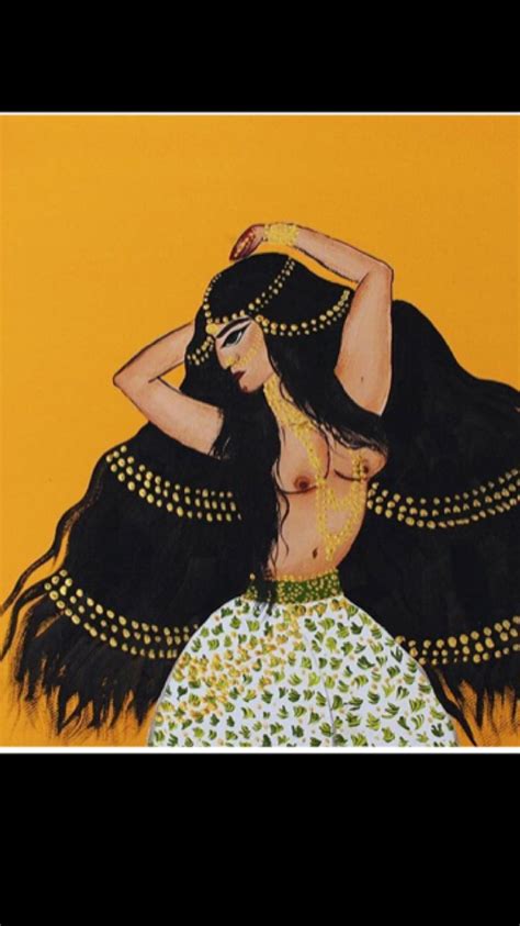 A Painting Of A Woman With Long Black Hair And Gold Chains On Her Head