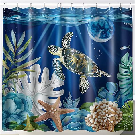 Oceanthemed Shower Curtain With Turtle Tropical Plants And Corals On A