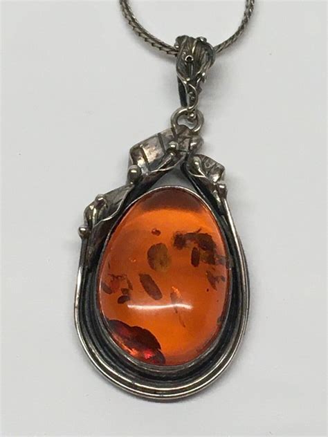 Vintage Amber Sterling Silver Calla Lily Pendant Neck Gem