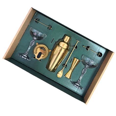 Set Cocktail 6 Piese Shaker Din Otel Inoxidabil Gold 2 Pahare Bormioli Rocco Martini Coupe