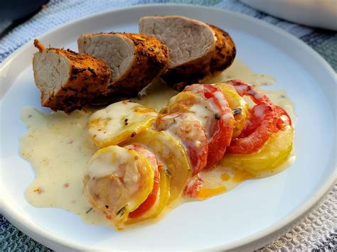 Gratin de courgette à la cancoillotte et son filet mignon de porc rôti