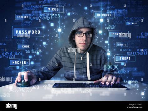 Hacker Programing In Technology Enviroment With Cyber Icons Stock Photo