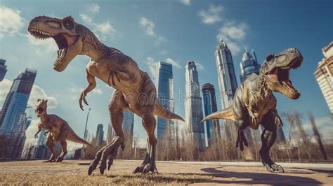 Dinossauros Correndo Por Uma Cidade Moderna Imagem De Stock Imagem De