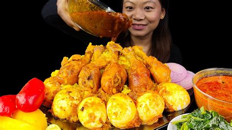 Eating Chicken Leg Piece Chicken Curry With Rice Egg Curry Nepali