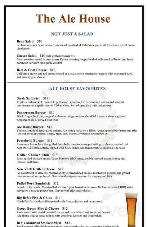 The Ale House Menu In Cobourg Ontario Canada