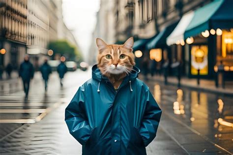 Um Gato Uma Capa De Chuva E Um Toldo Verde Foto Premium