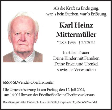 Traueranzeigen von Karl Heinz Mittermüller Saarbruecker Zeitung Trauer de