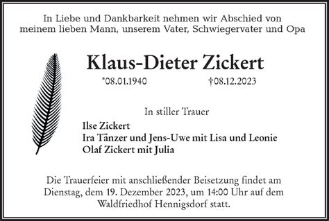 Traueranzeigen von Klaus Dieter Zickert Märkische Onlinezeitung