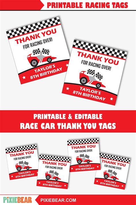 Race Car Favor Tags Printable Race Car Birthday Thank You Tags Racing