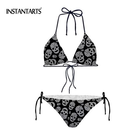 Instantarts Women Bathing Suit Cartoon Skull Printed Bikini Sets Push