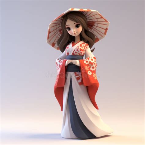 Colorful 3d Model Of Chinese Girl In Anime Inspired Kimono Stock