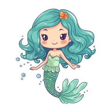 Premium AI Image Cute Mermaid With Blue Hair And Green Tail Generative Ai