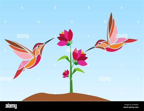 Hummingbirds And Flowers On A Blue Gradient Background Art Design