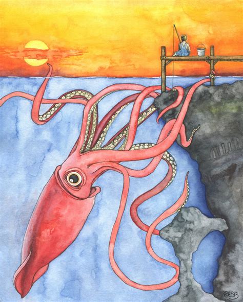 Squid Art Watercolor Painting Squid Painting Squid And Boy Giant