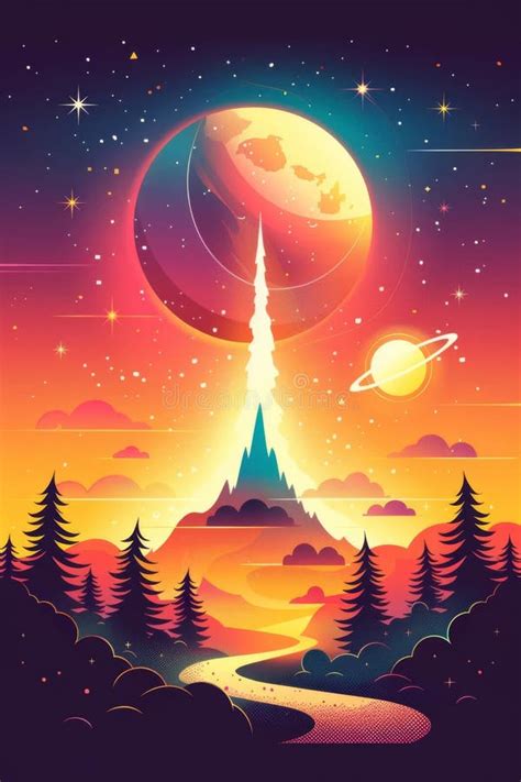 Colorful Surreal Landscape Of Mountains Planets And Forest At Sunset