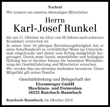 Traueranzeigen Von Karl Josef Runkel Rz Trauer De