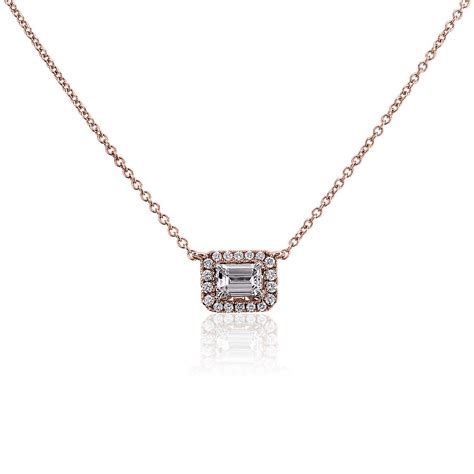 Emerald Cut Diamond Halo Necklace In 14k Rose Gold 12 Ct Tw Blue