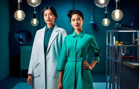 Portrait Of Two Smiling Female Doctors In White Coats Standing In