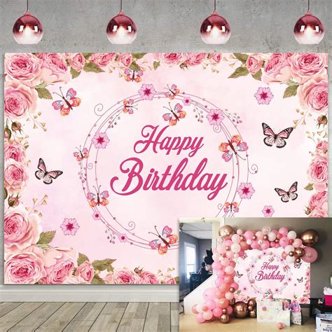 Pink Floral Happy Birthday Backdrop 7x5ft Watercolor