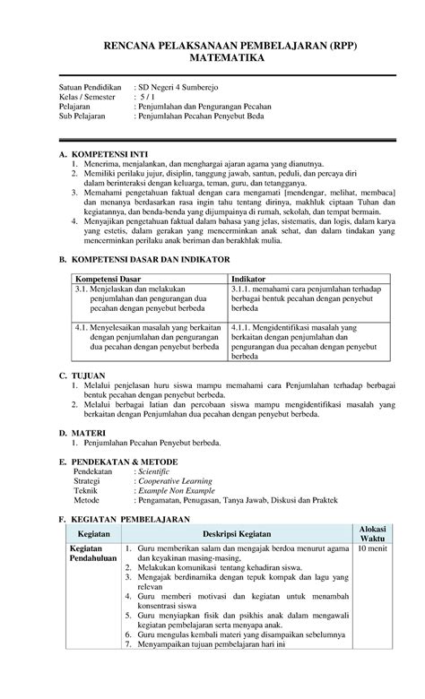 File Rpp Matematika 5 Penjumlahan Pecahan Rencana Pelaksanaan Pembelajaran Rpp Matematika