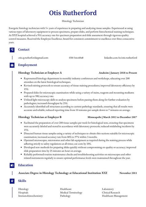 Histology Technician Resume (CV) Example and Writing Guide