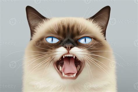 Angry siamese cat with open mouth and blue eyes. Funny cat with big ...