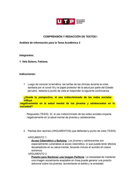 Semana Consigna Para Tarea De La Semana Comprensi N Y Redacci N