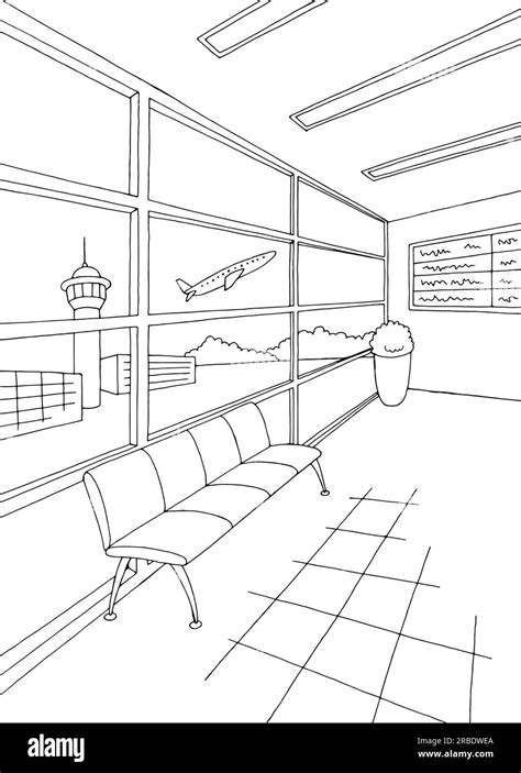 Airport Interior Graphic Black White Sketch Vertical Illustration