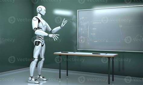 Teaching Robot And Chalkboard In The Classroom Ai Teacher Concept Ai