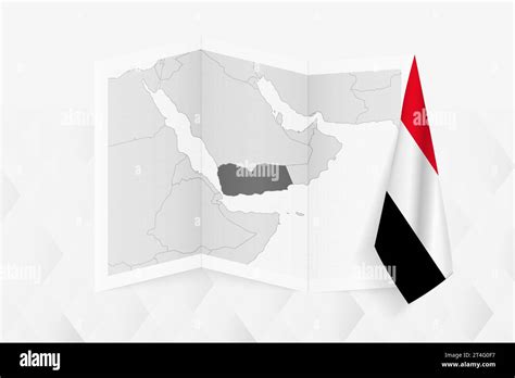 A Grayscale Map Of Yemen With A Hanging Yemeni Flag On One Side Vector