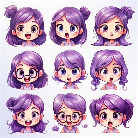 Chica De Dibujos Animados Con Diferentes Expresiones Faciales