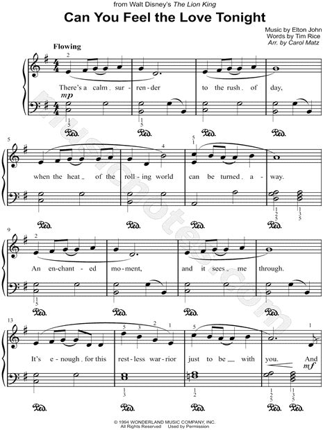 Can You Feel The Love Tonight From The Lion King Sheet Music Easy