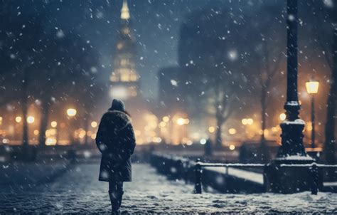 Wallpaper Winter Road Girl Light Snow Night The City Lights For