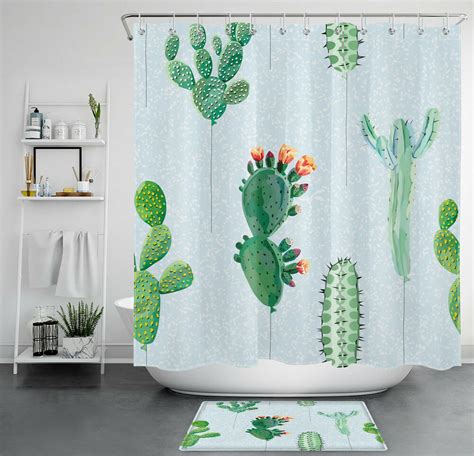 Refreshing Tropical Cactus Shower Curtain Set With Vibrant Green