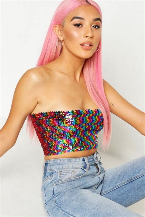 Rainbow Sequin Bandeau Crop Top Boohoo Uk