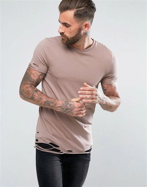 Asos Longline Muscle T Shirt With Slash Distress In Pink Asos