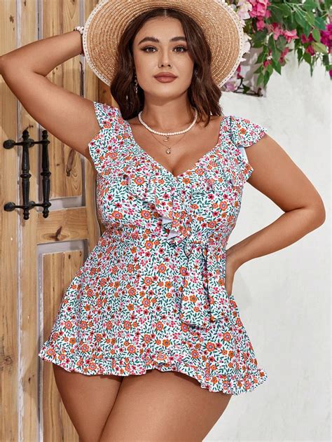 SHEIN Swim Curve Summer Beach Plus Size Small Flower Print Halter Neck Bikini Set New Year