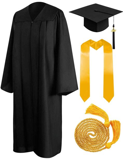 Graduation Cap Gown And Tassel With Yellow Ribbon On White Background For Photo