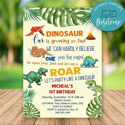 Editable Dinosaur First Birthday Invitations Instant Dowload Bobotemp