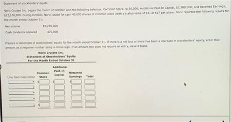 Solved Statement Of Stockholders Equity Noric Cruises Inc Chegg