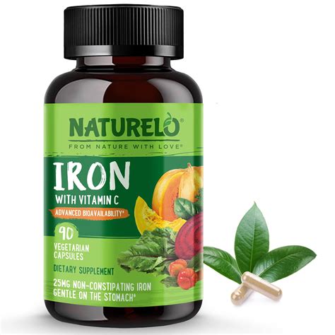 Naturelo Vegan Iron Supplement With Vitamin C And Organic Whole Foods Gentle Iron Pills For