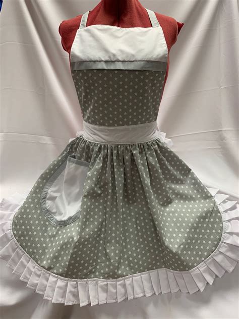 Retro Vintage 50s Style Full Apron Pinny Grey With White Etsy Uk