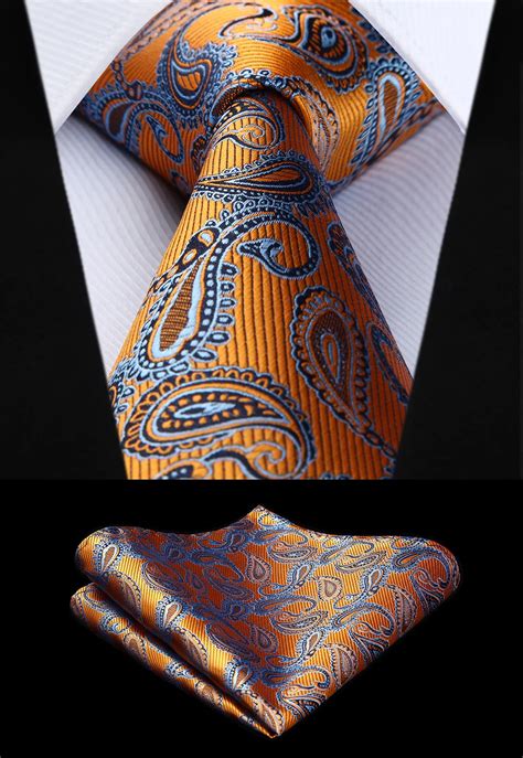 Necktie Handkerchief Set New Paisley Floral Orange Mens Tie Woven Silk Party Wedding Classic