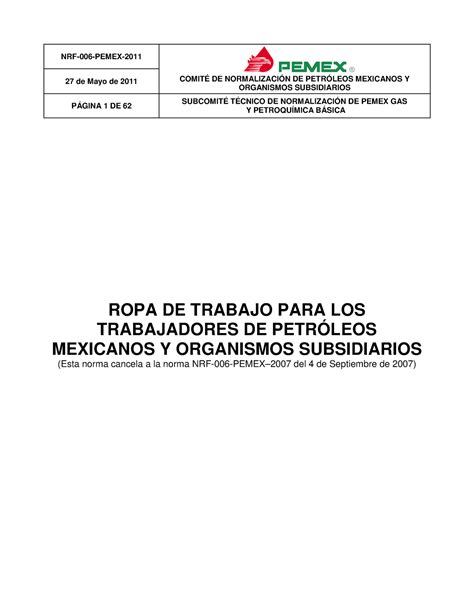 NRF 006 Pemex 2011 Ropa De Trabajo Para Los Trabaj NRF 006 PEMEX