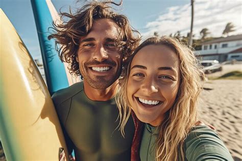 Premium Ai Image Photo Man Holding Surfboard Taking Selfie