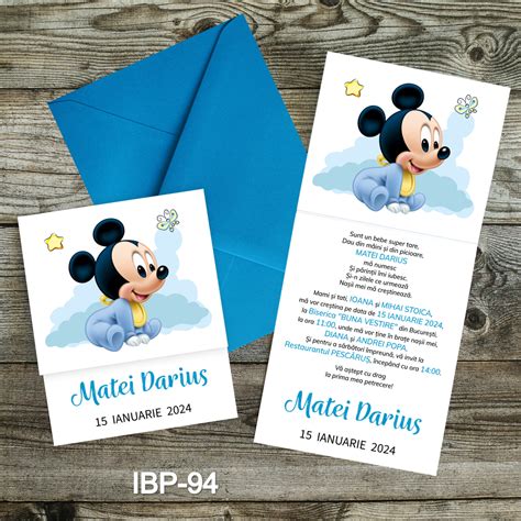 Invitatii Botez Baiat Cu Plic Colorat Mickey Mouse Ibp