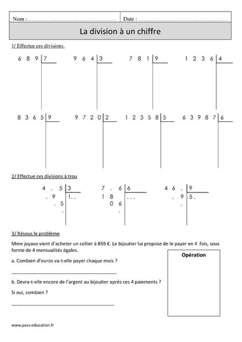 Division à 1 chiffre sens Cm1 Exercices à imprimer Pass Education