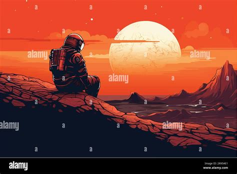 Vector Illustration Of Astronaut On Planet Mars Sitting On A Cliff